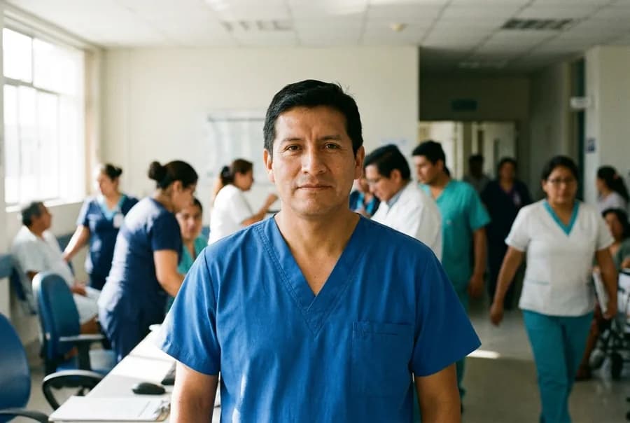 Profesional de salud con uniforme celeste en el pasillo de un hospital
