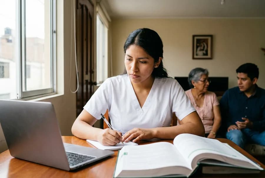 Técnica de enfermería estudiando en casa con su laptop